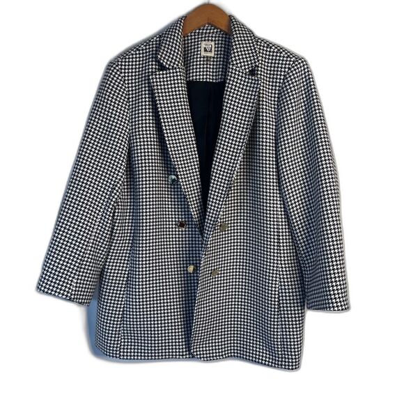 Anne Klein Houndstooth Open Front Gold Button Lined Blazer Jacket Size XL - Picture 1 of 9